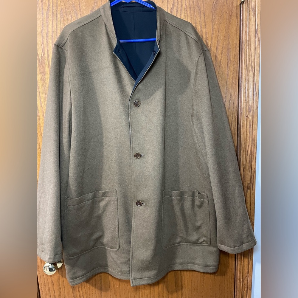 ERMENEGILDO ZEGNA TAN CASHMERE OVERCOAT BLACK POLY/ MEN SZ 54 / XL / REVERSIBLE